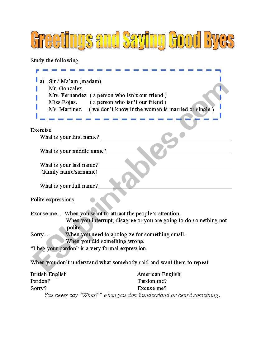 Greetings and Goobyes worksheet