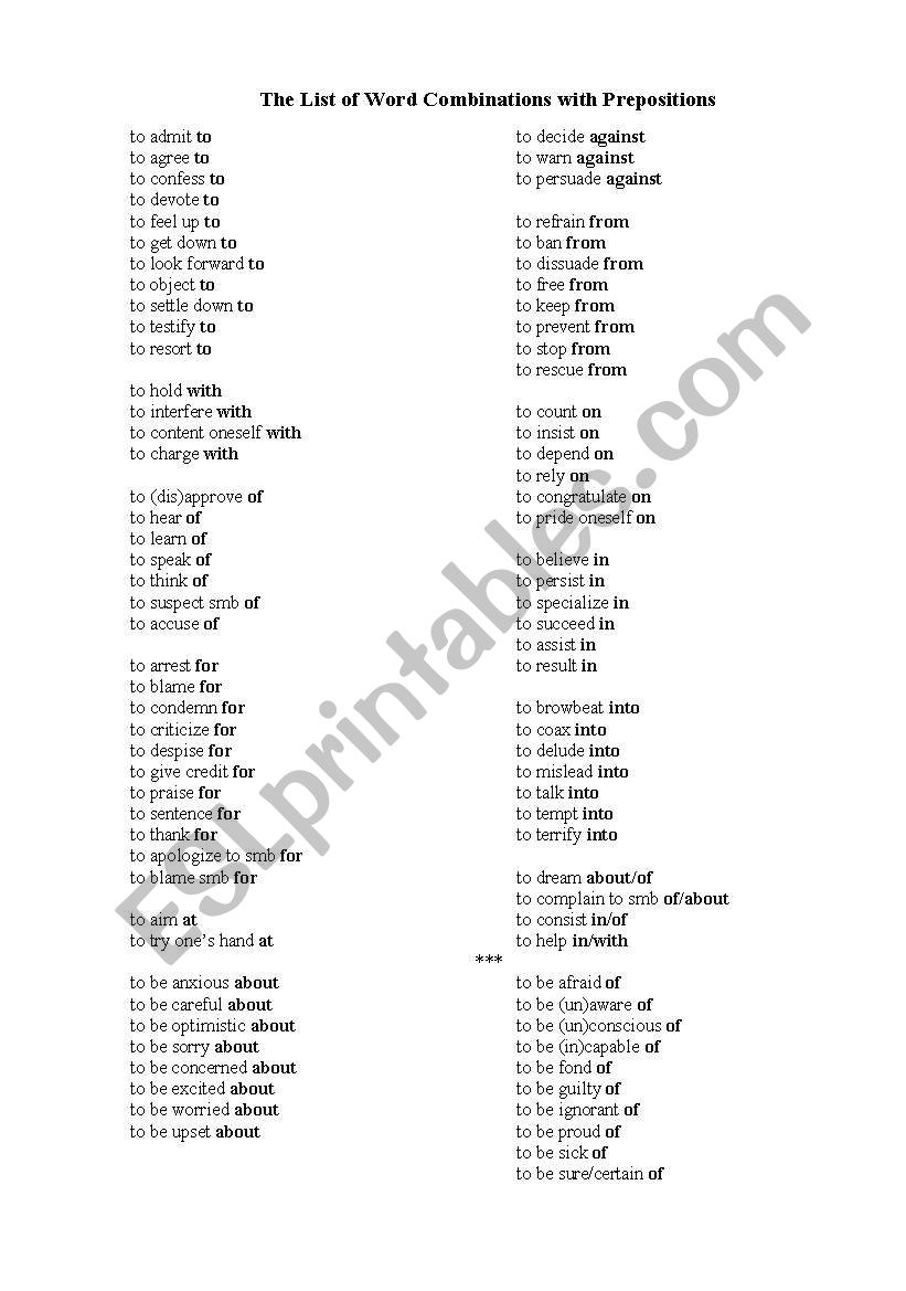 The List of Word Combinations with Prepositions