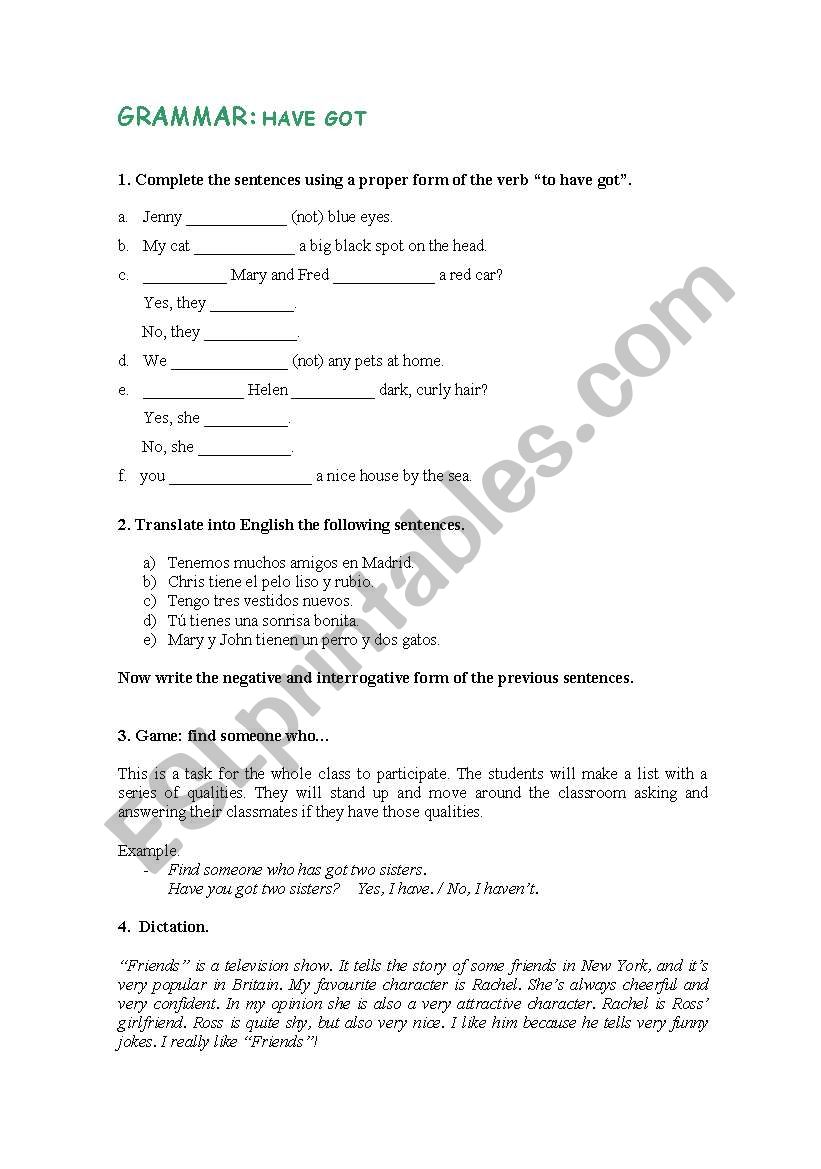 HAVE GOT ACTIVITIES worksheet