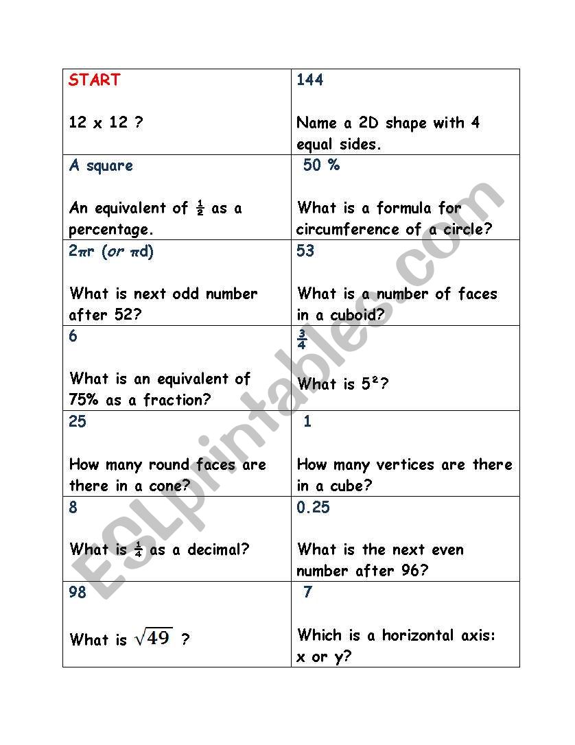 Maths revision card loop game 