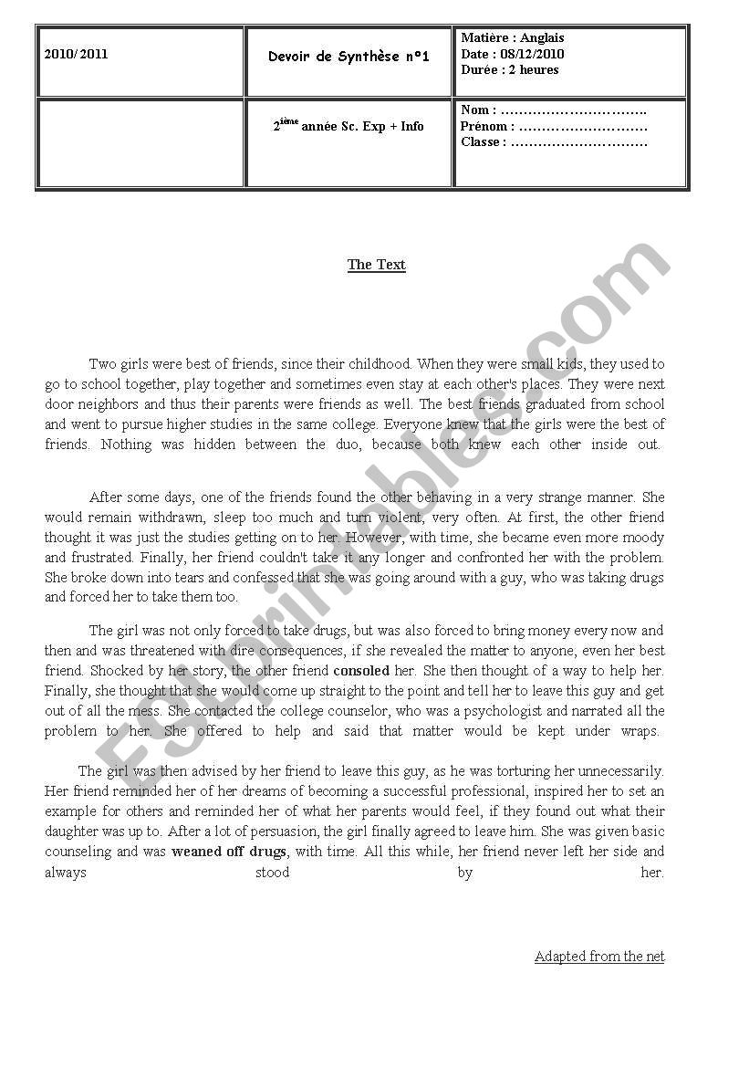 global test 1 for 2nd form tunisian students