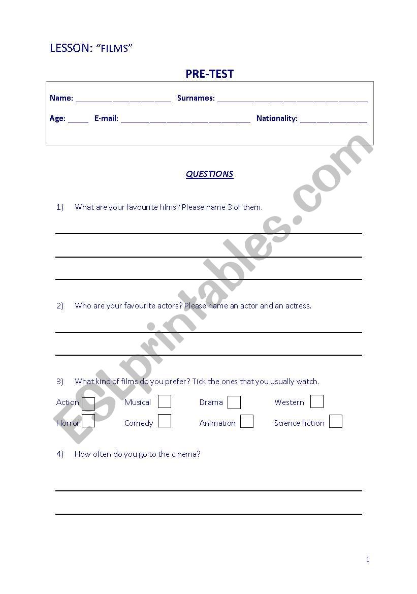 QUESTIONAIRE ABOUT FILS worksheet