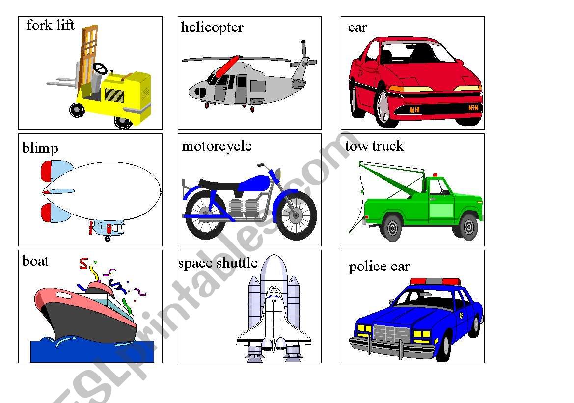 transports flash cards worksheet