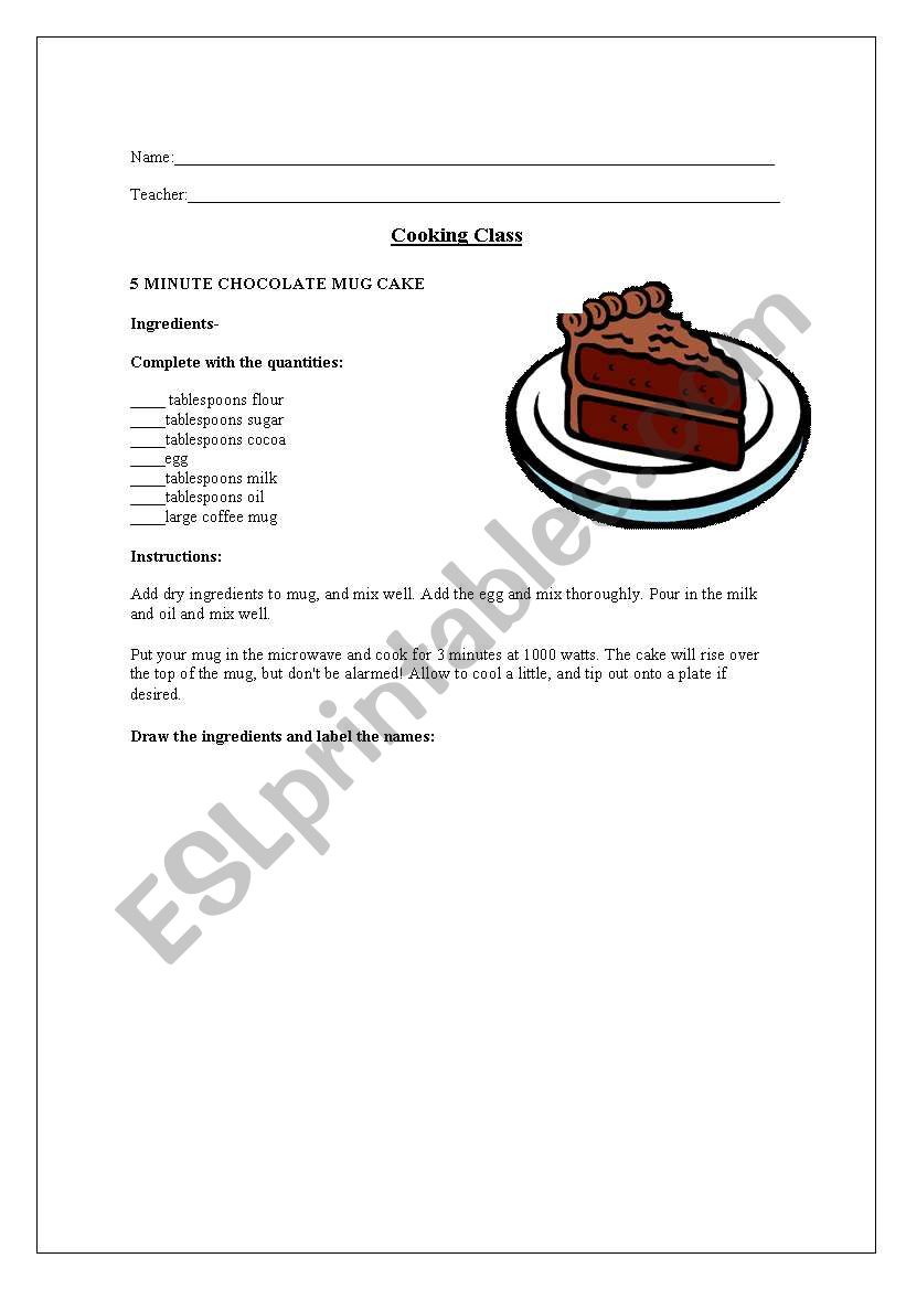 Chocolate mug cake worksheet