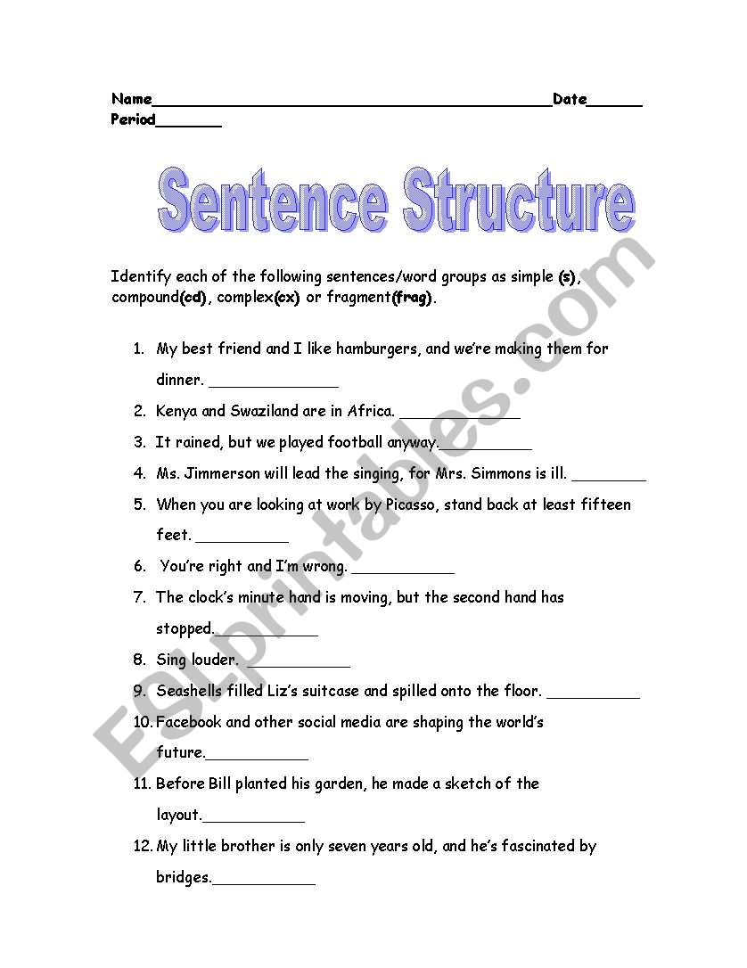 English Worksheets Sentence Structure