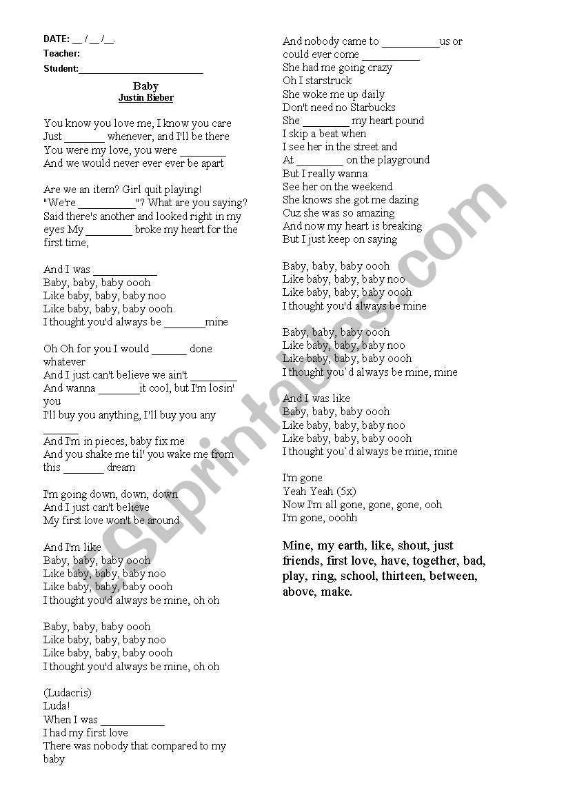 Baby - Justin Bieber worksheet