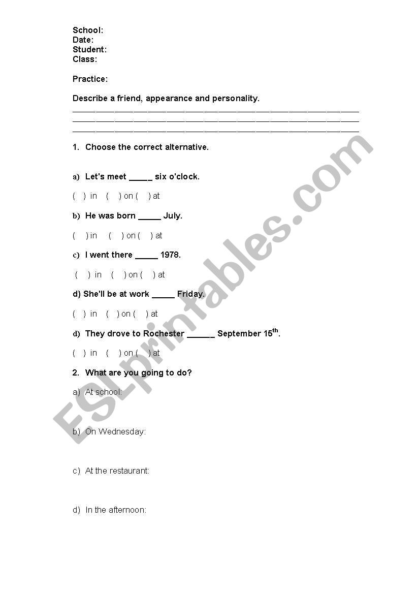 Prepositions and describing  worksheet