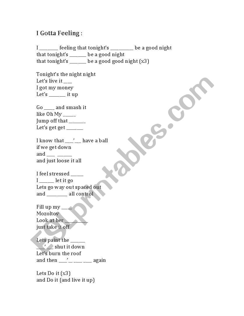 I gotta a feeling (SONG) worksheet