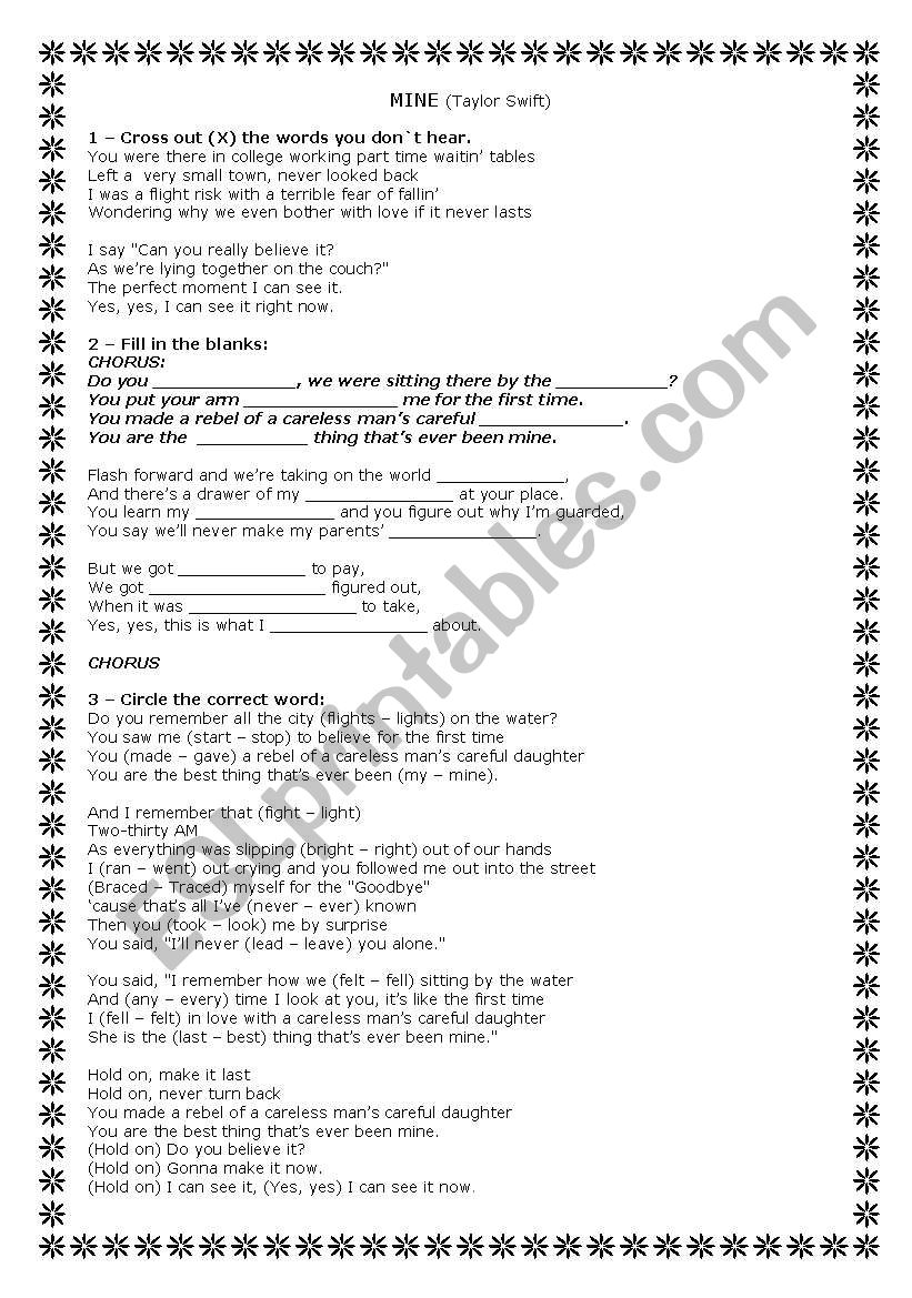 Mine - Taylor Swift worksheet