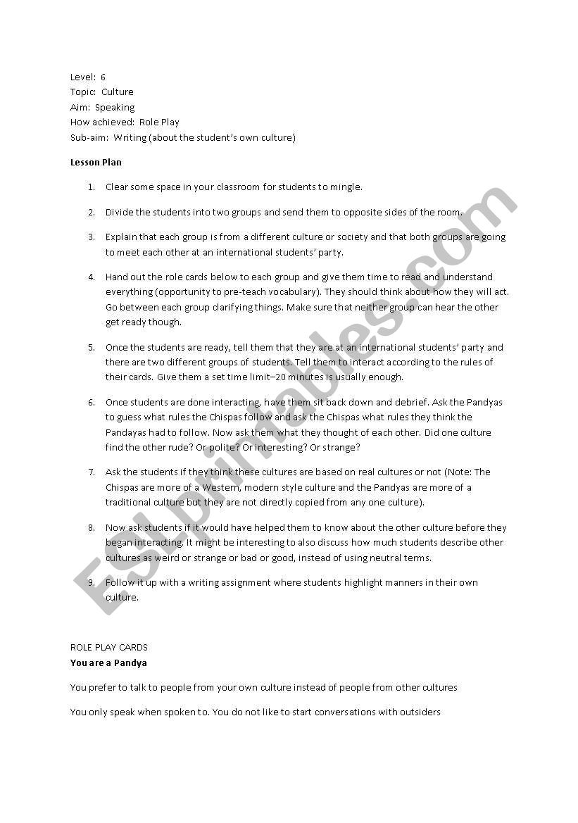 Lesson Plan - Culture worksheet