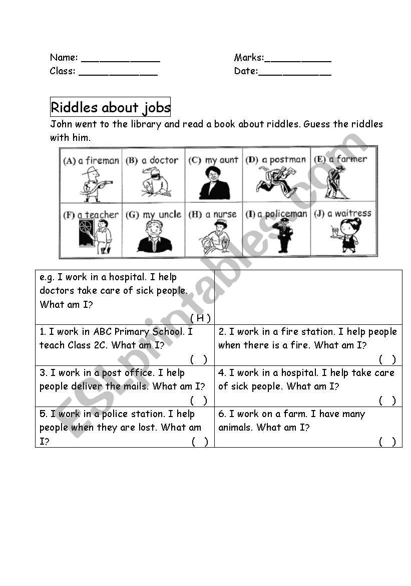 Riddles about jobs worksheet