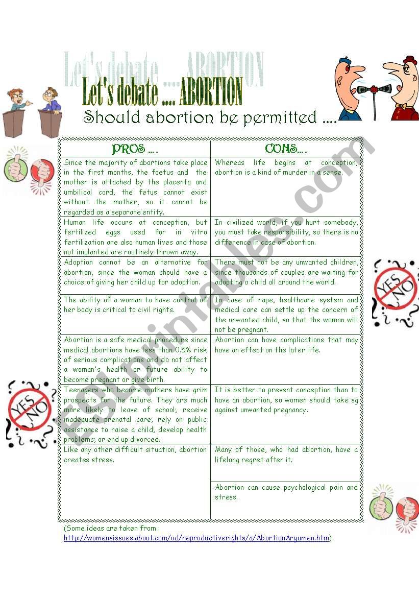 Lets debate ... Abortion worksheet