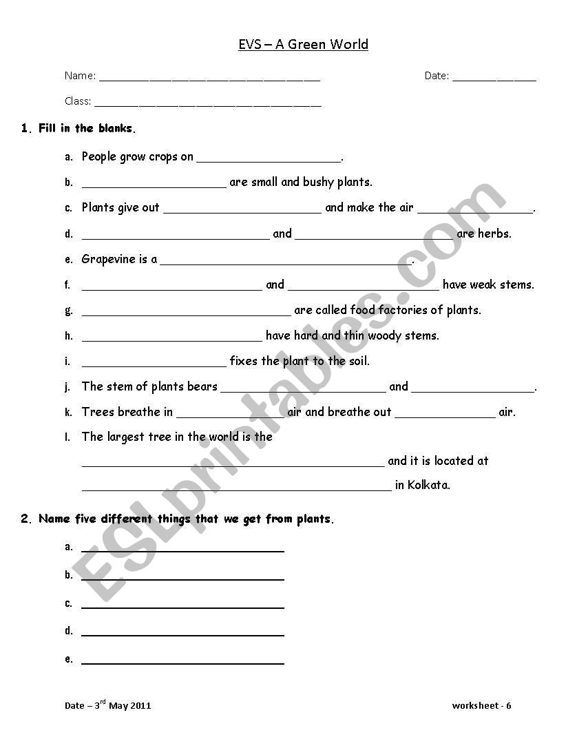 A Green World worksheet