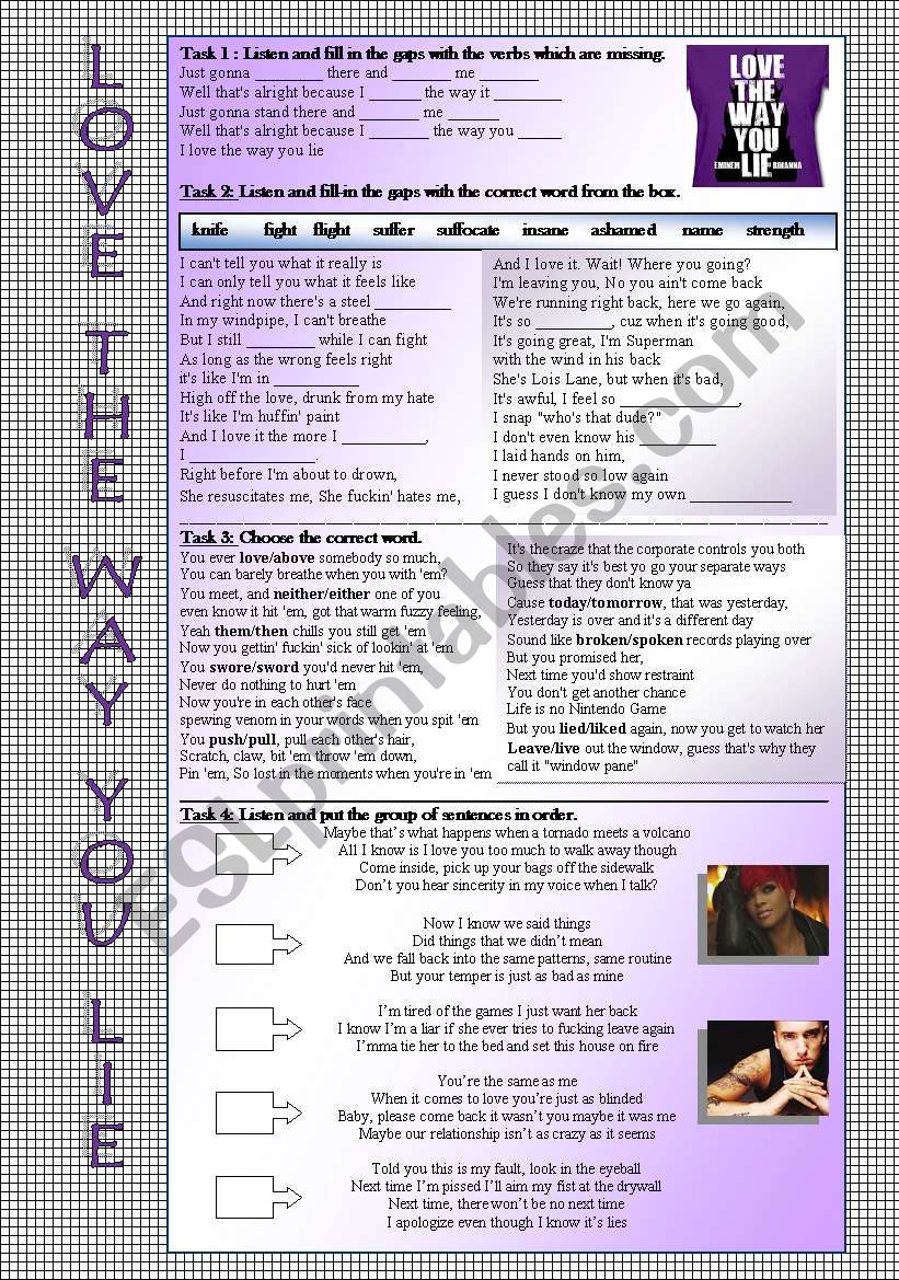 Song Worksheet - Love the way you lie by Eminem and Rihanna