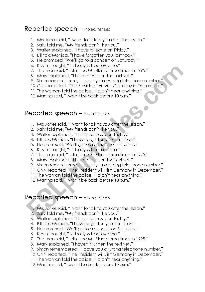 Reported Speech worksheet