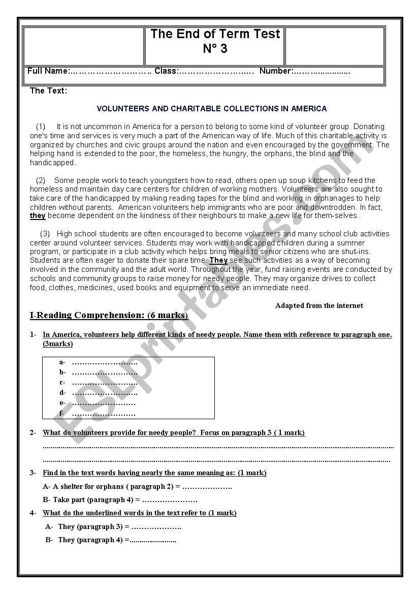 End of Term test N 3 for 9th formers