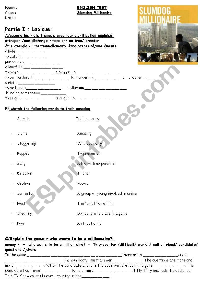 Slumdog millionaire vocabulary and grammar worksheet