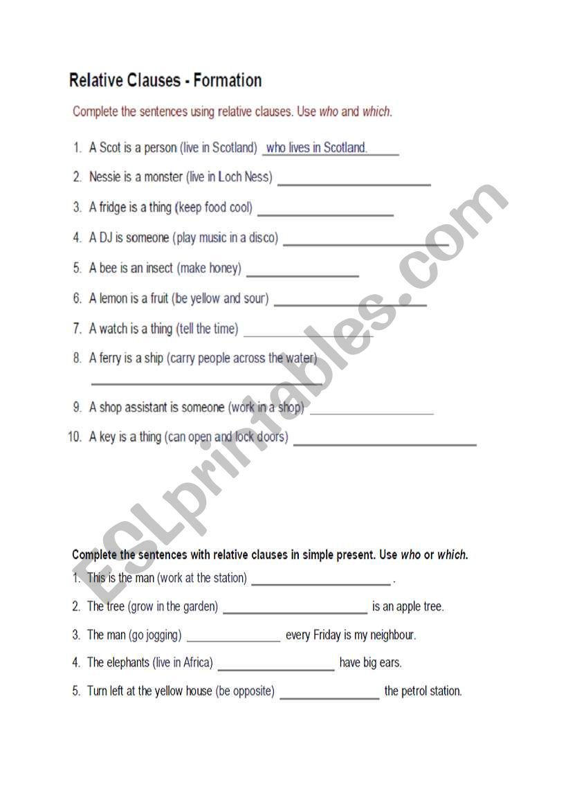 relative clause worksheet