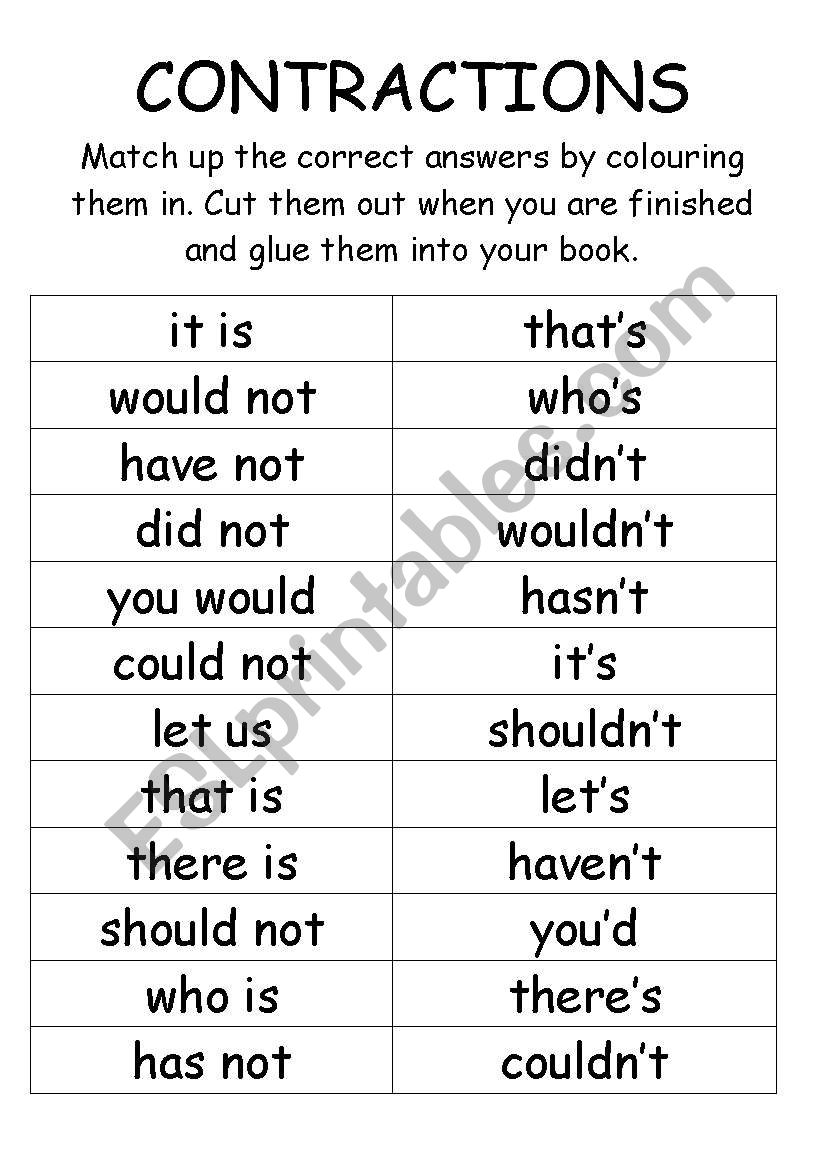 Contractions cut and paste worksheet