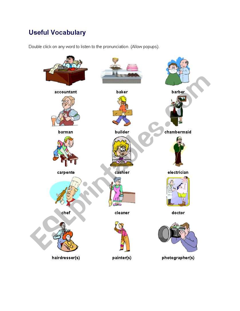 Useful vocab for jobs worksheet