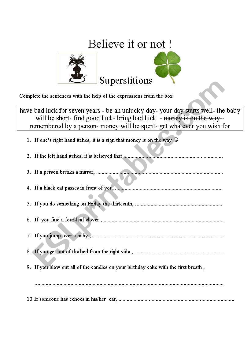 Superstitions worksheet