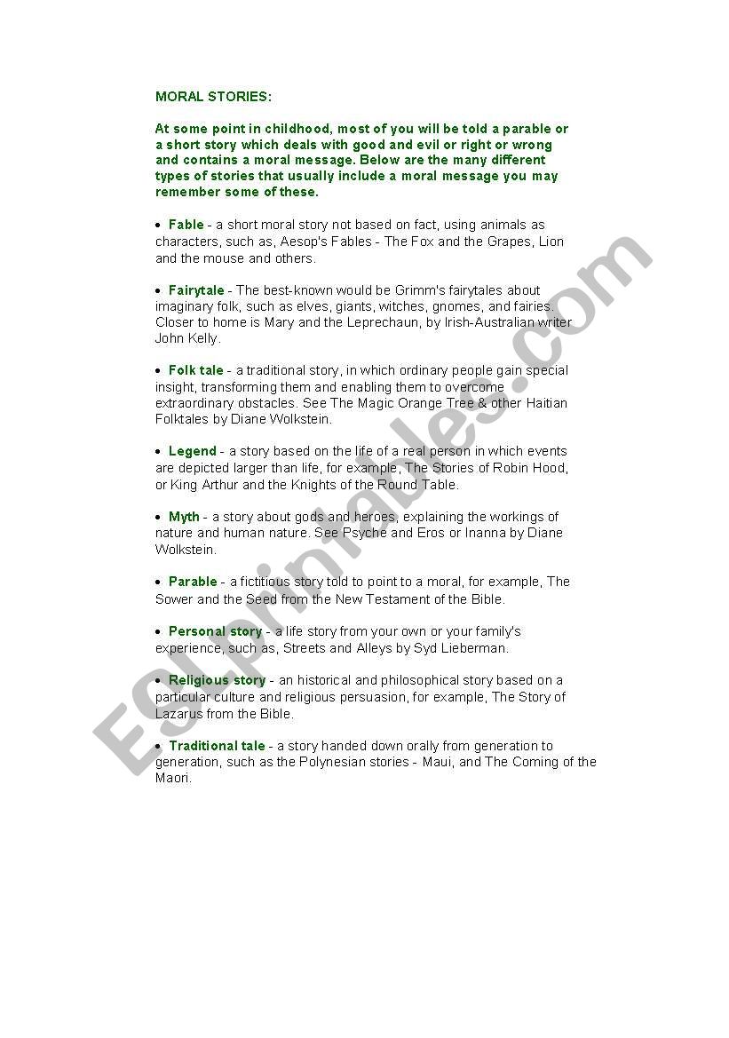 moral stories worksheet