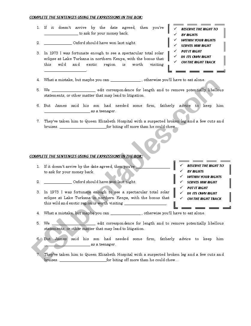 collocations with right worksheet
