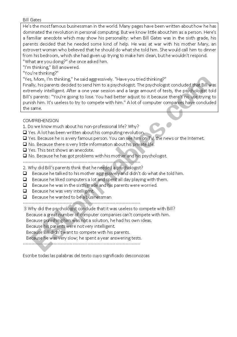 comprenhension worksheet