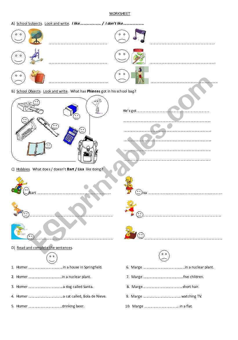 school subjects and objects.  Hobbies