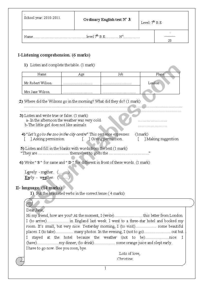 Mid-term test n 3 for 7th form pupils.