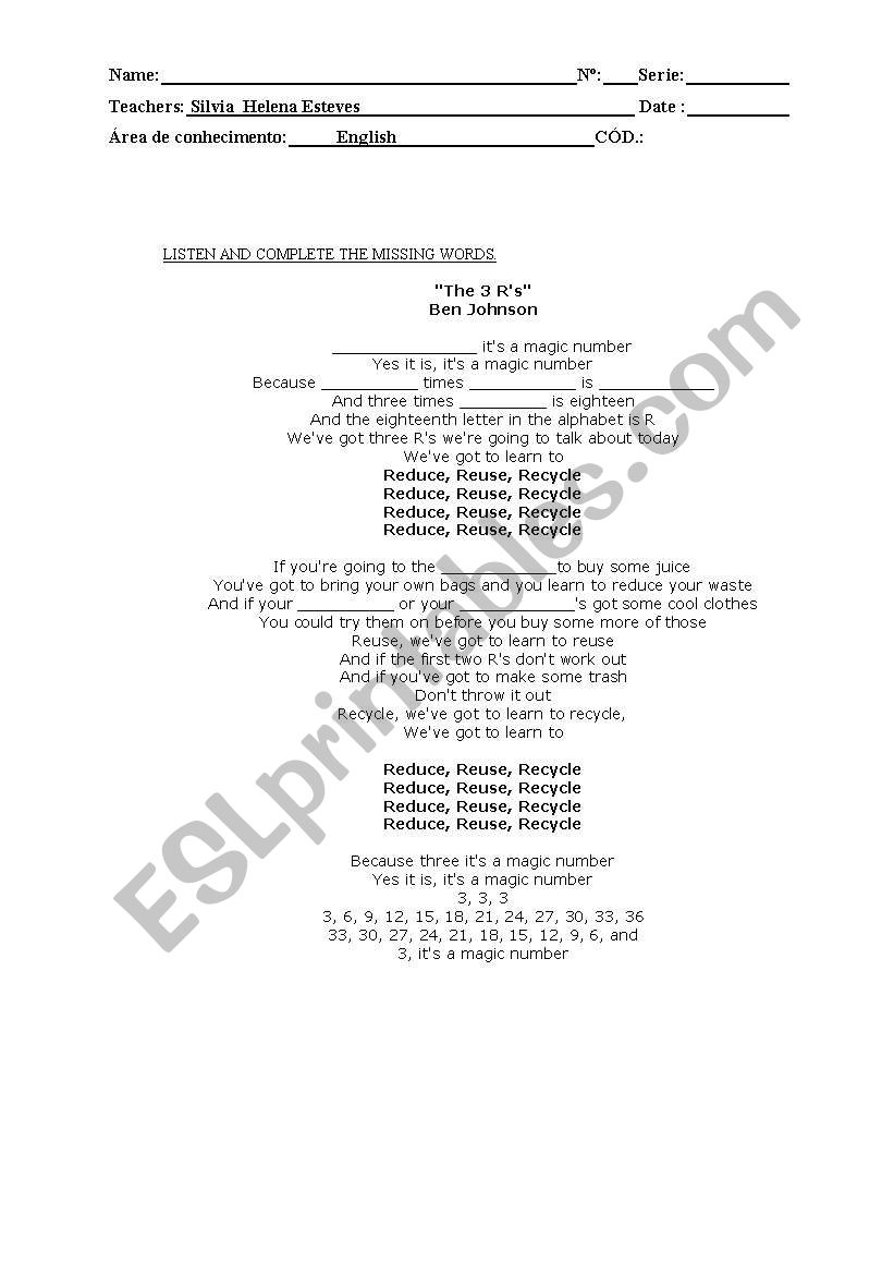 The 3 Rs song worksheet