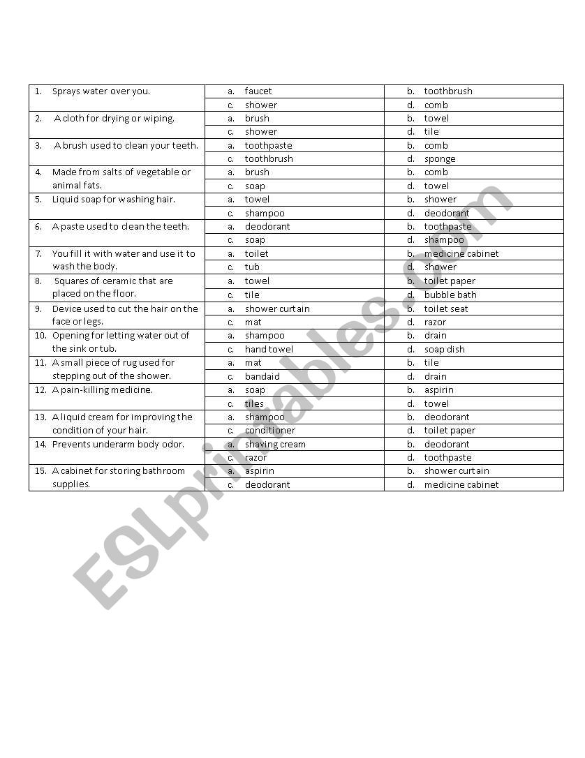 Bathroom Vocabulary test worksheet