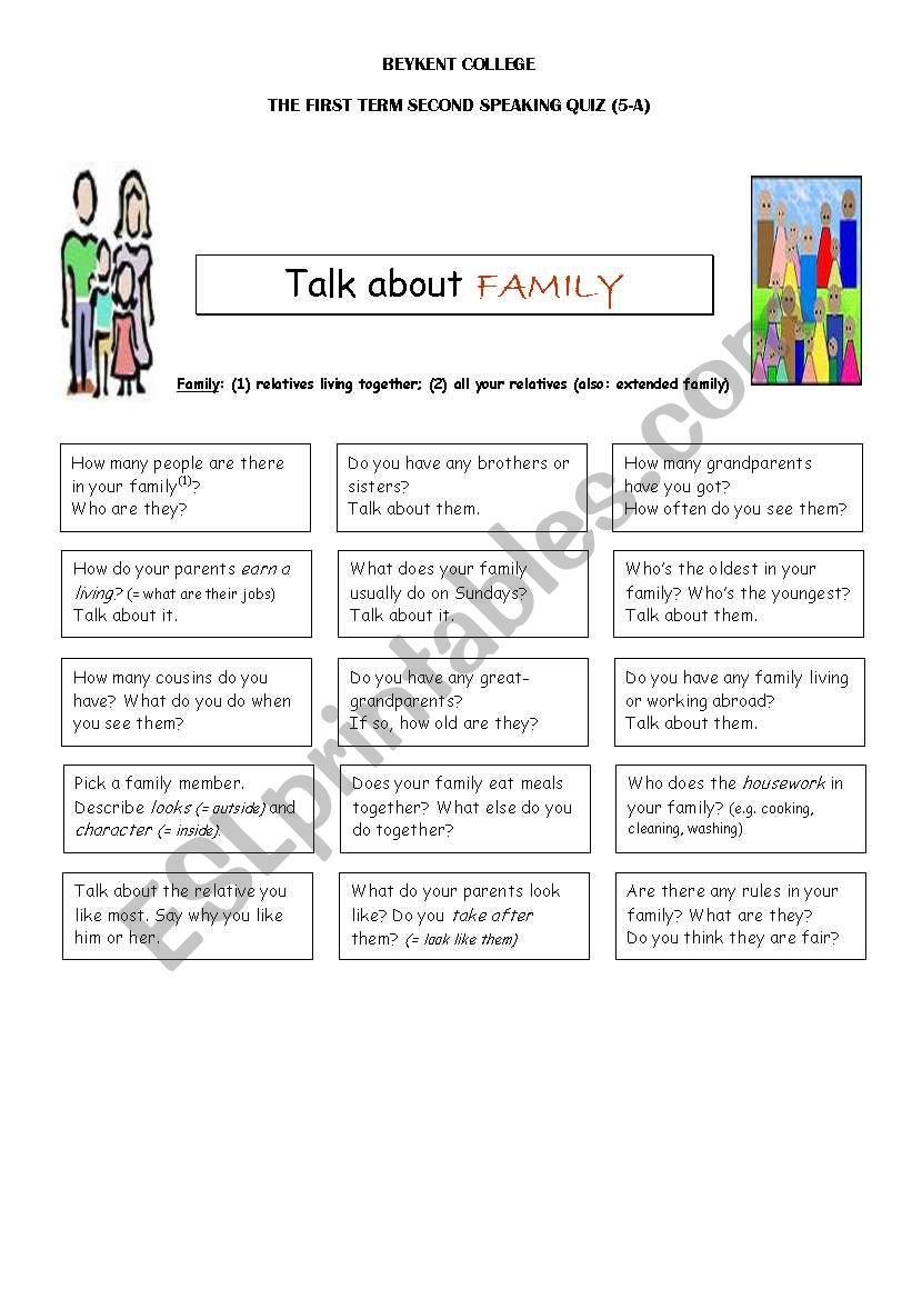 speaking worksheet for 5th grade about family members