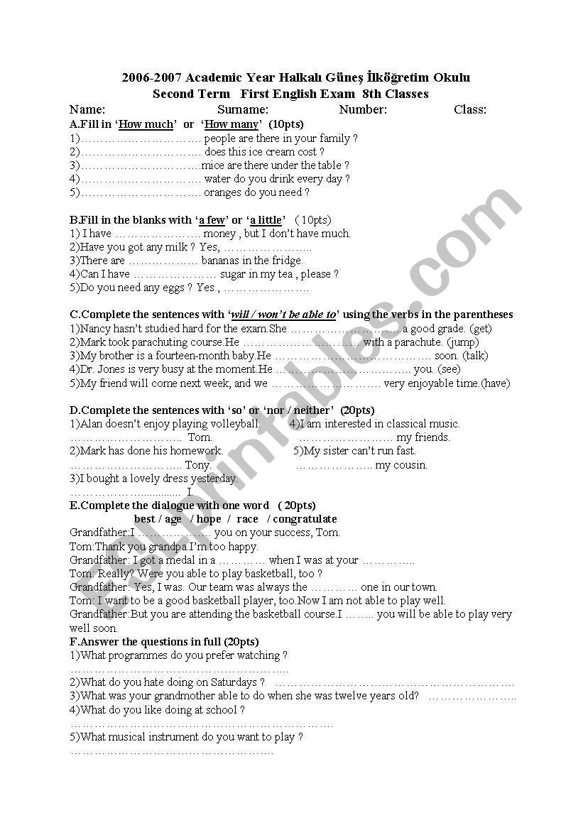 Exam for primary school students