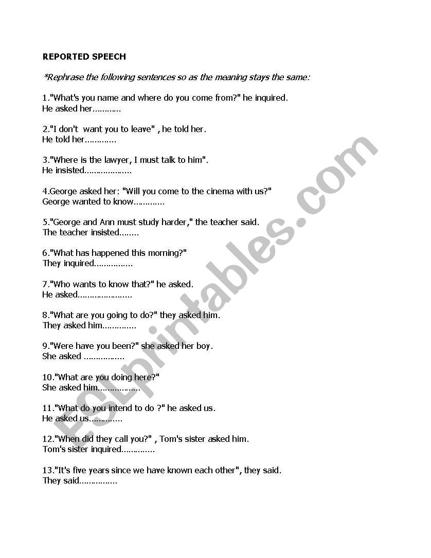 reported speech worksheet
