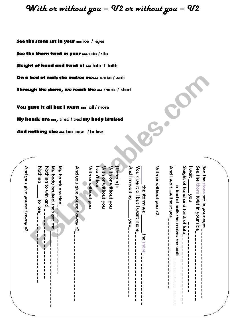 With or without you worksheet