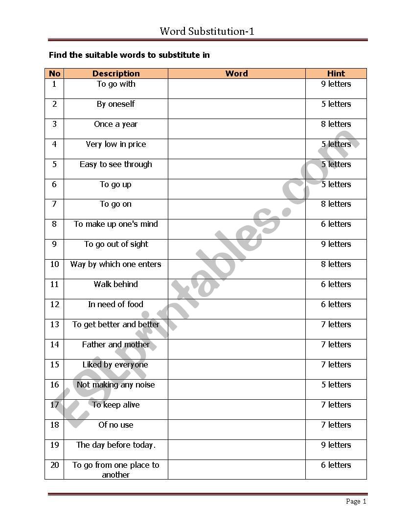 Word Subsitution worksheet