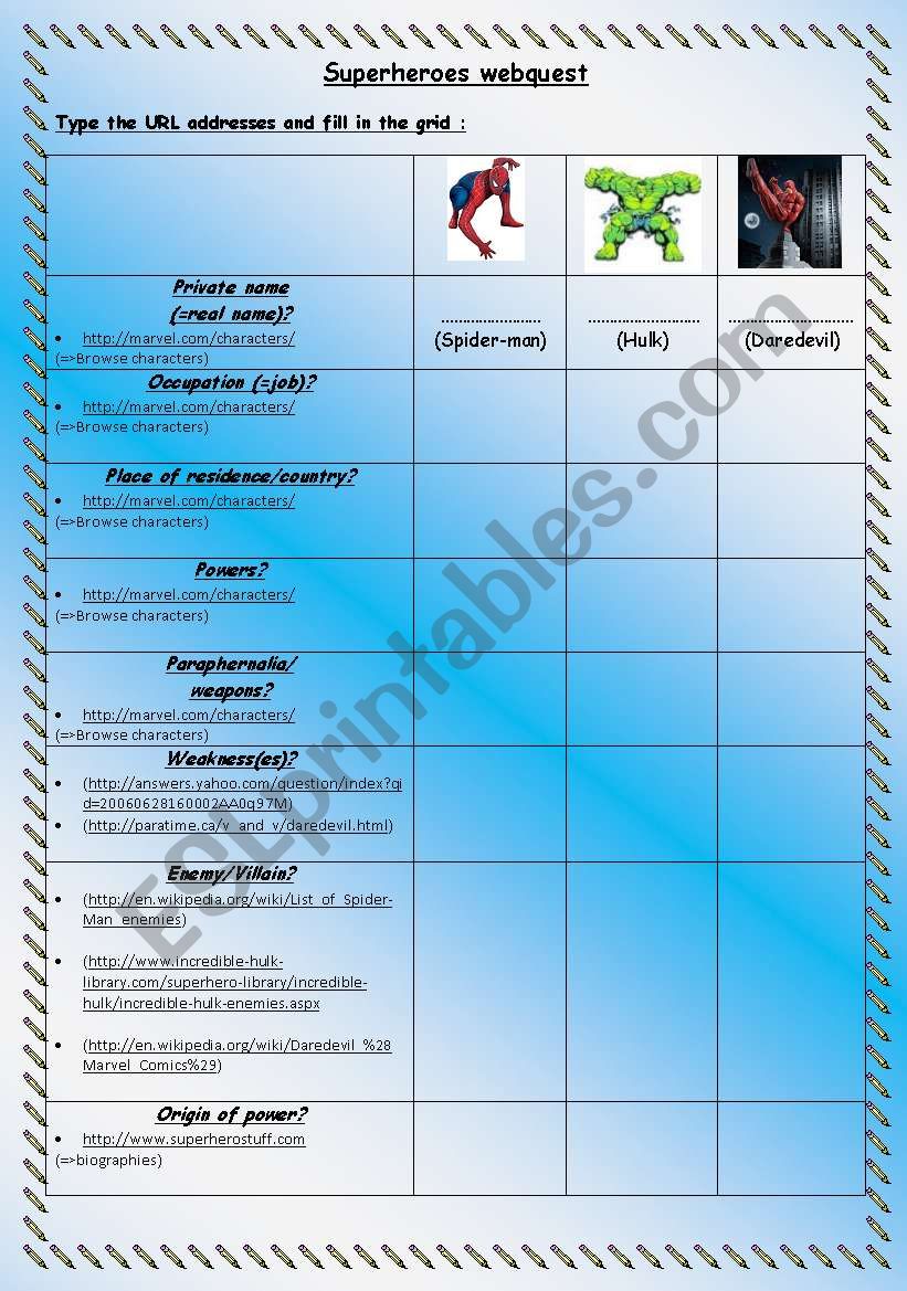 Superheroes webquest worksheet