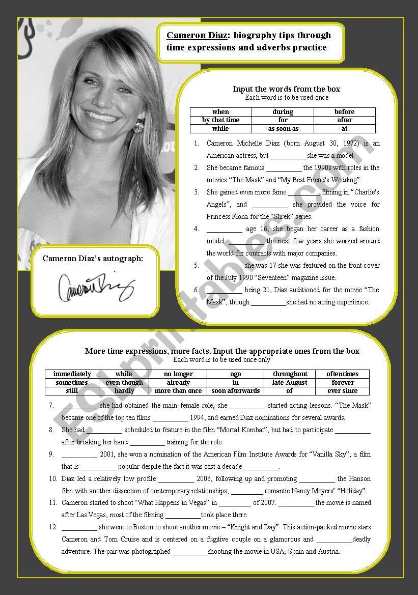 Cameron Diaz: biography through time expressions and adverbs Cameron Diaz: biography through time expressions and adverbs