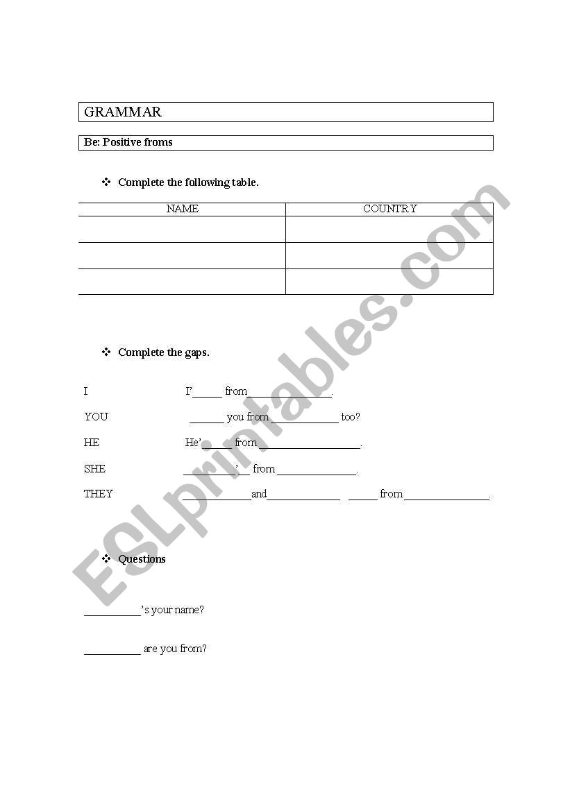 Be: Positive froms worksheet