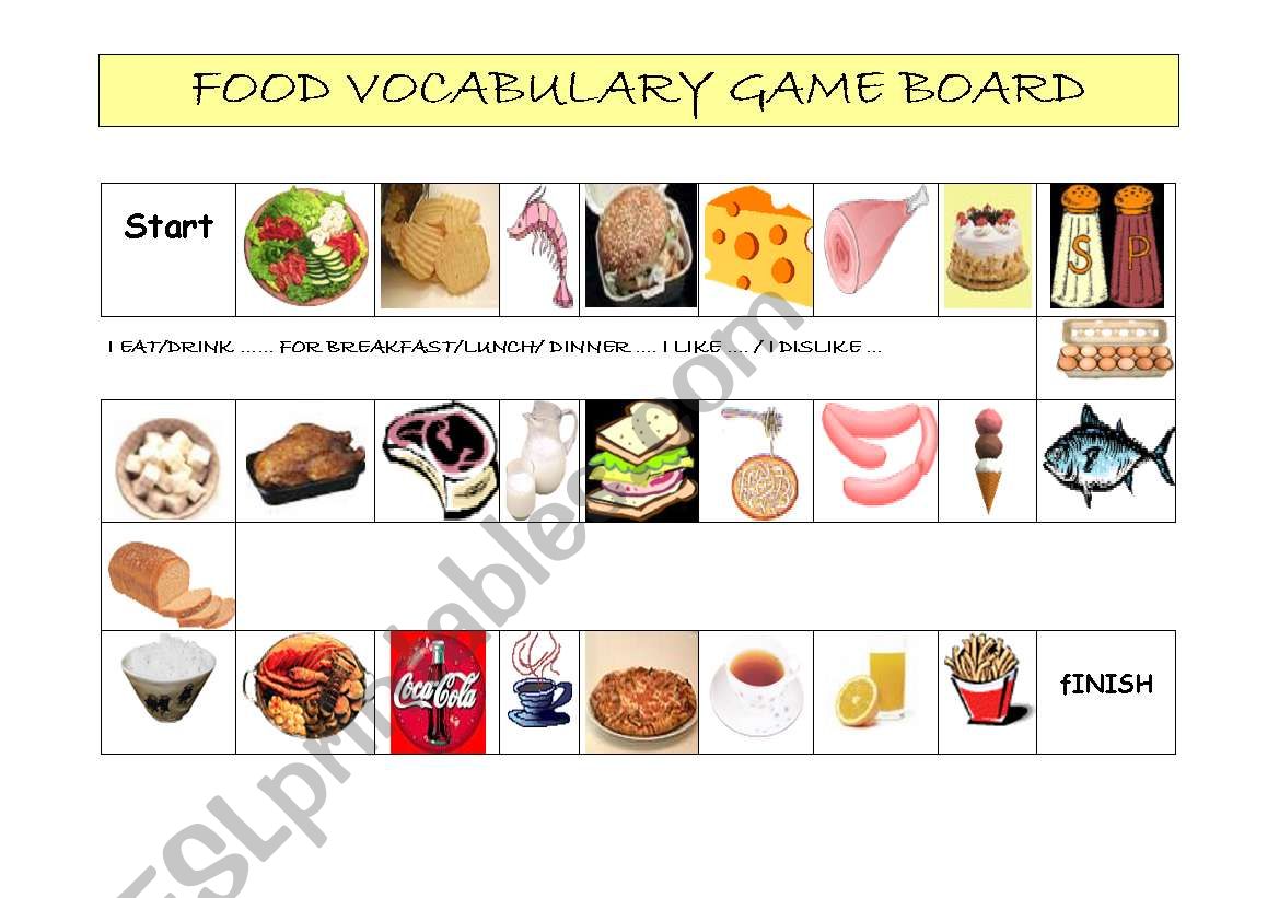 Food vocabulary game board worksheet