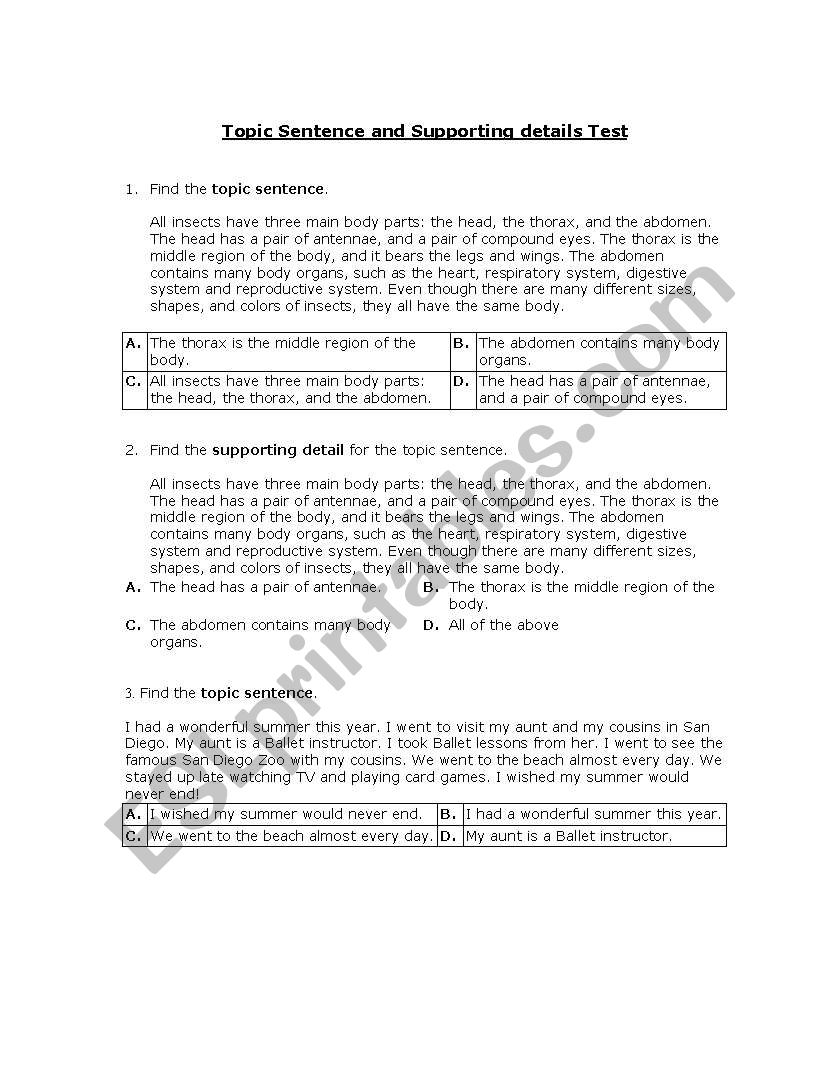 Topic Sentences worksheet