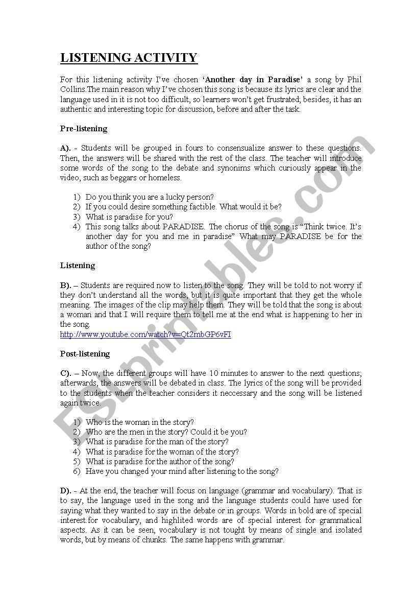 Song practice worksheet