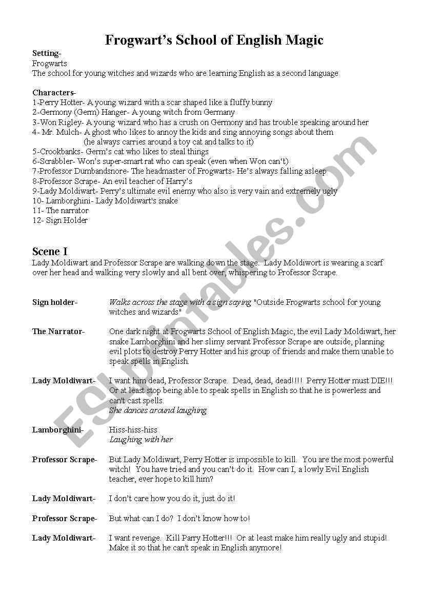 Harry Potter short spoof play worksheet