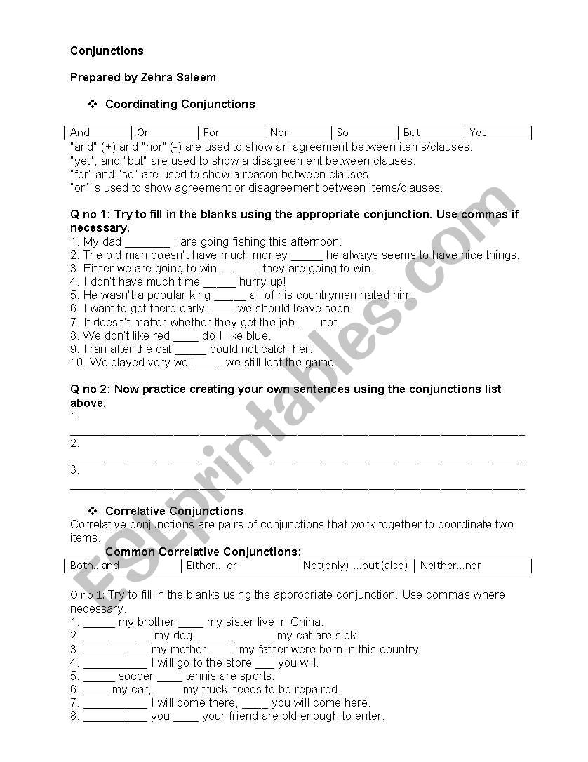 Conjunctions worksheet