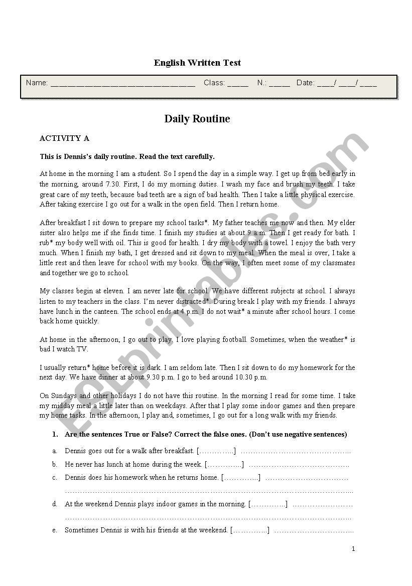 Daily Routine worksheet