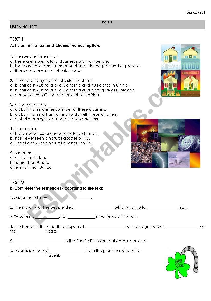 Natural disasters Test worksheet