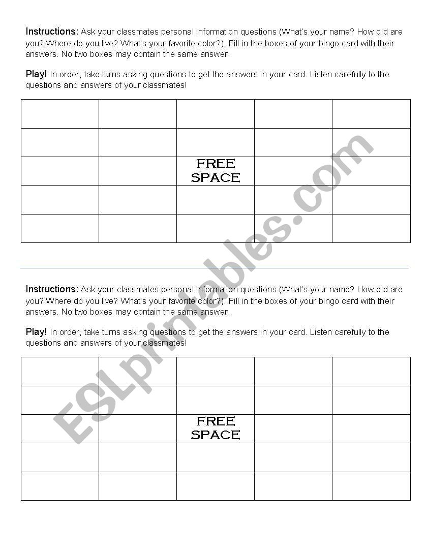 Personal Information Bingo worksheet