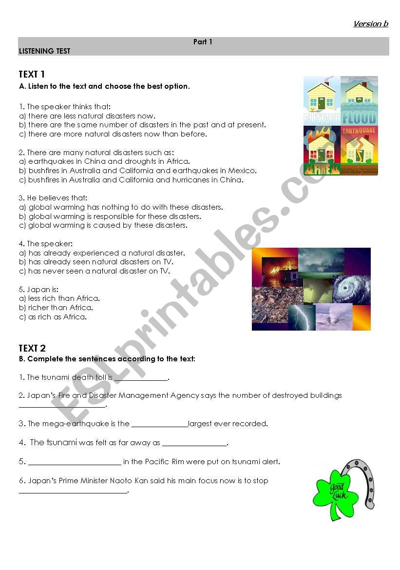 Natural Disaster Test B worksheet