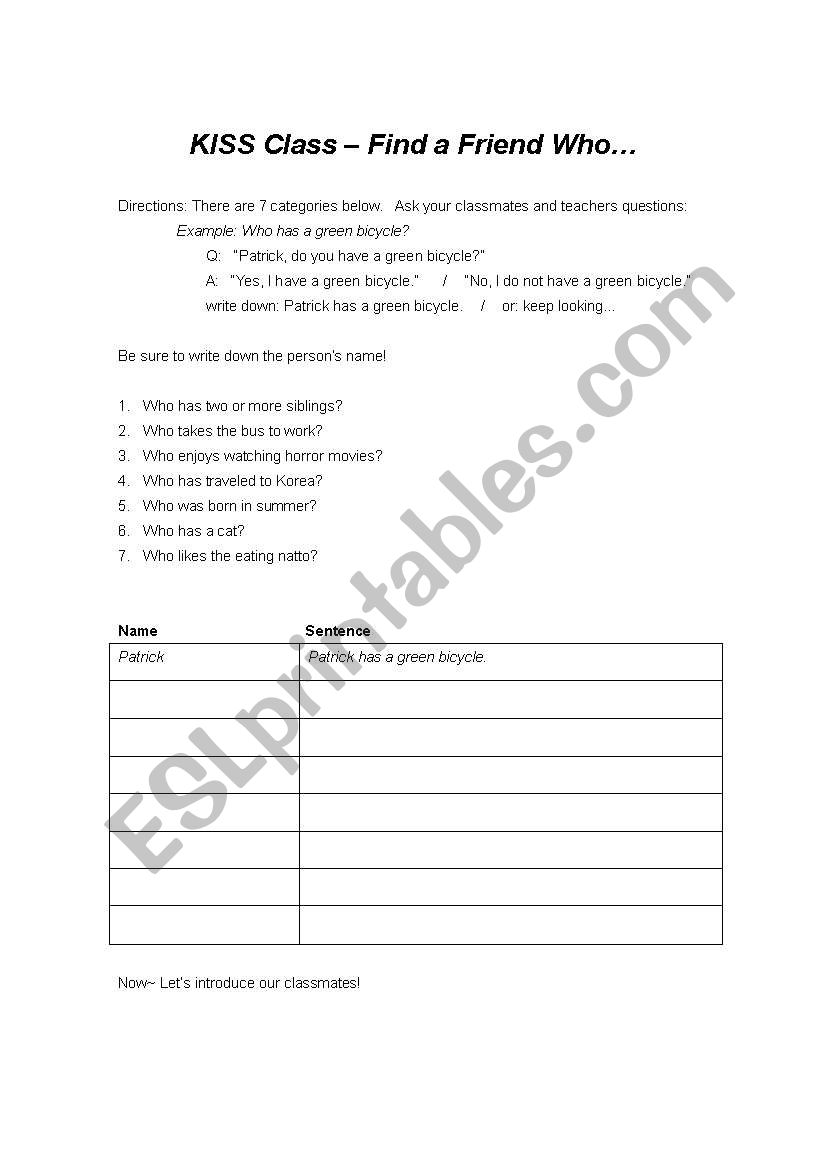find a friend who... worksheet